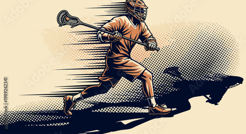 A high-energy stylized illustration of a lacrosse player sprinting with a stick, featuring modern halftone and motion line effects.