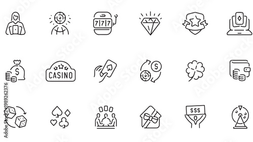 Gambling Casino Betting Line Icons Set with Dice, Poker Cards and Jackpot Symbols