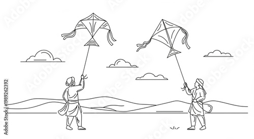 Traditional Kite Flying Illustration in Minimalist Line Art