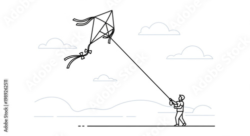 Minimalist Line Art Illustration of a Person Flying a Kite