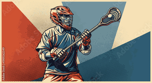 Action-oriented illustration of a lacrosse player in gear, featuring a bold vintage comic book style with halftone textures and geometric background.