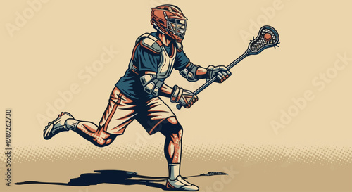 Dynamic illustration of a lacrosse player in full gear running with a ball, featuring a vintage comic book aesthetic and energetic action.
