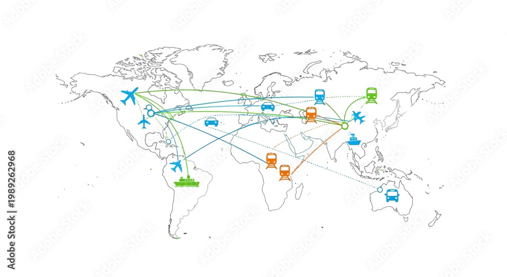 Fototapeta premium Global Transportation Network: World Map with Logistics Routes and Vehicles