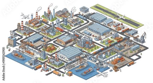Isometric Industrial Cityscape with Factories, Airport, and Harbor