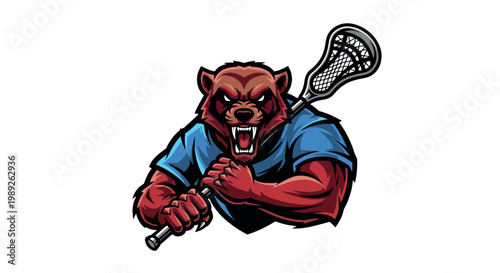 Powerful grizzly bear sports mascot holding a lacrosse stick. Ideal for team branding, apparel, and esports logos.