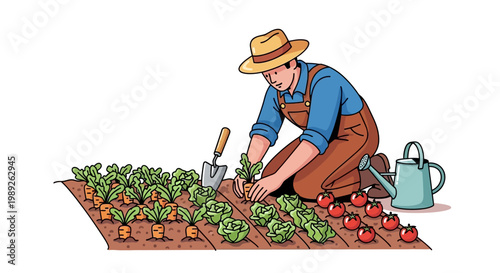 Farmer planting seedlings in a vegetable garden with carrots, lettuce, and tomatoes.