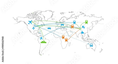 Global Transportation Network: World Map with Logistics Routes and Vehicles