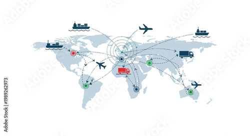 Global Logistics Network: World Map with Shipping, Air, and Truck Transportation Routes