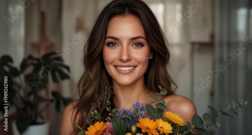 Beautiful smiling woman holding a colorful bouquet of spring flowers
