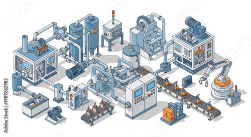 Automated Production Line: Robotic Arm, Conveyor Belt, Industrial Machinery, Manufacturing Factory