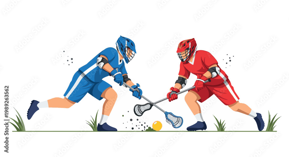 Fototapeta premium Dynamic vector illustration of two lacrosse players in blue and red jerseys battling for a ground ball during an intense face-off.