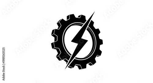 Gear with lightning bolt icon, industry and energy concept, black and white vector graphic