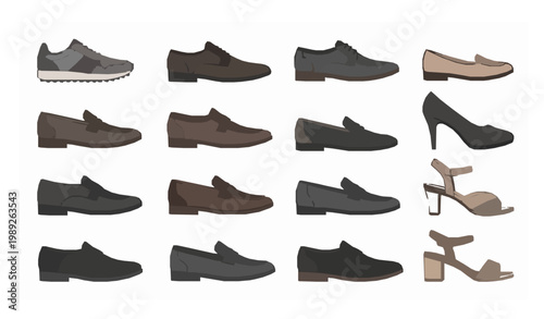 Male and female footwear vector set with casual and formal shoes side view fashion collection illustration design