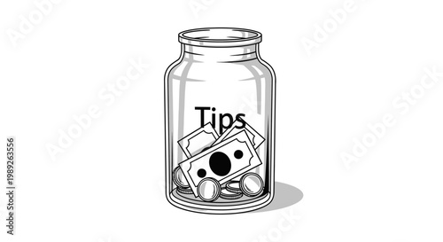 Glass Jar Filled With Tips - Coins and Bills