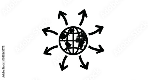 Global network and communication icon with arrows pointing outwards from Earth