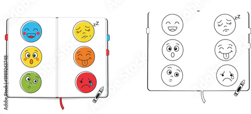 Notebook with various emoji expressions for mood tracking and social emotional learning, coloring book page and colored illustration set for kids mental health activity and school journal