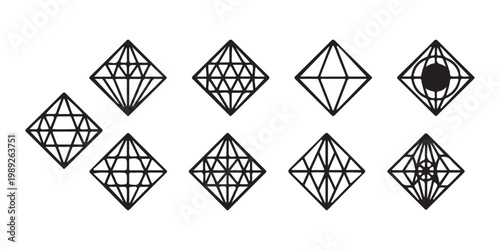 Diamond shapes collection geometric outline multifaceted crystal precious gem icon symbol set graphic design vector.