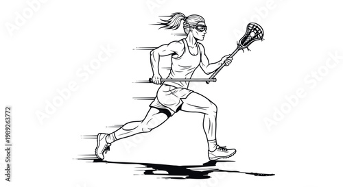 High-energy black and white illustration of a female lacrosse athlete sprinting, ideal for sports branding, apparel design, and editorial use.