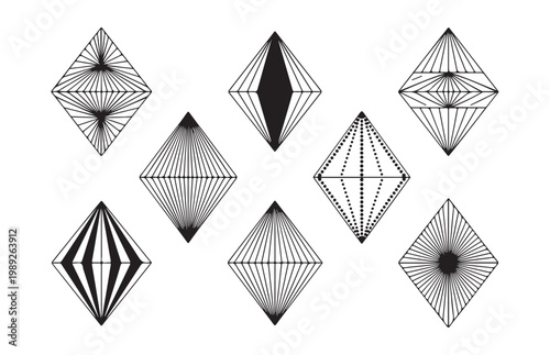 Diamond shapes geometric outline faceted crystal precious gem art deco style icon symbol graphic design vector.