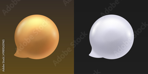 Gold and Silver Speech Bubble Icons. 3D Metallic Chat Dialogue Symbols on Dark Background for Communication and Social Media Vector Illustration