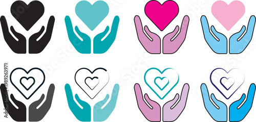 Charity donation icon set. Hand giving money coin symbol,Essential social welfare and care icons, modern graphics for global relief funds, food drives, community support.
