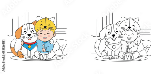 Cute little boy wearing a cat hat sitting with a pet dog coloring book page and colored illustration set for kids activity childhood friendship and lifestyle theme
