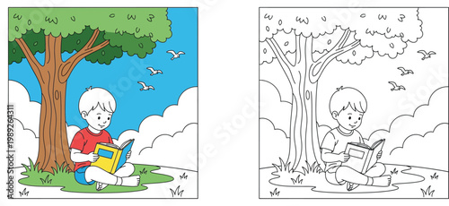 Little boy sitting under a tree reading a book in a park, coloring book page and colored illustration set for children's literacy, education, and summer hobby activity theme