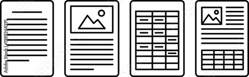 Document file vector icon collection with text page, image file and spreadsheet outline symbols in black minimal style, editable office and business document icons for web apps and corporate design