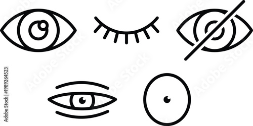 Eye vision vector icon set with open, closed and hidden eye outline symbols in black minimal style, editable visibility and privacy icons collection for security apps, medical design and UI systems