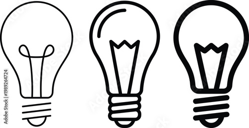 Light bulb idea vector icon collection with three black outline lamp variants, editable innovation and creativity symbols set for startup branding, brainstorming presentations and web UI design