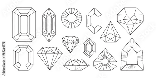 Obraz na plátně Collection of fifteen different geometric gemstone cuts outlines vector on transparent background