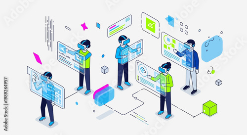 Virtual Reality Technology and Futuristic Digital Interactions of People Using VR Headsets in a Modern Office Environment