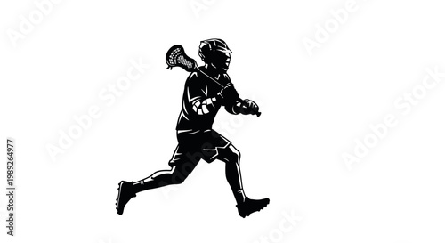 High-contrast black and white stencil illustration of a male lacrosse player running with his stick.