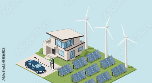 Modern home with solar panels and electric car charging station, surrounded by wind turbines, promoting sustainable energy and eco-friendly living