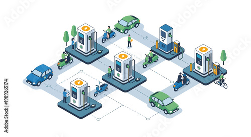 Isometric illustration depicting electric vehicles charging stations powering a sustainable urban future