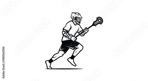 A dynamic black and white vector illustration of a lacrosse player running with a stick. Ideal for sports logos, team branding, and athletic apparel designs.