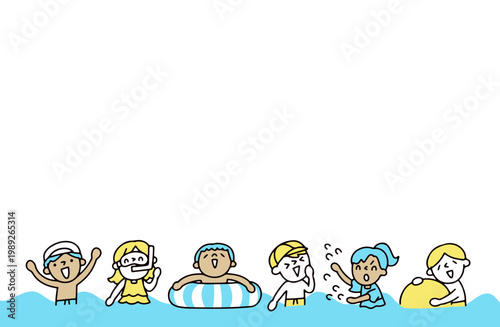 海や川で遊ぶ子供たちのイラスト