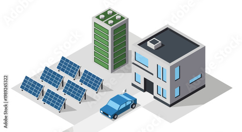 Sustainable urban living with renewable energy and electric vehicles in an isometric illustration style