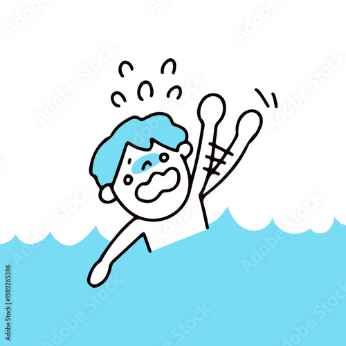 海やプールで溺れ助けを呼ぶ子供のイラスト