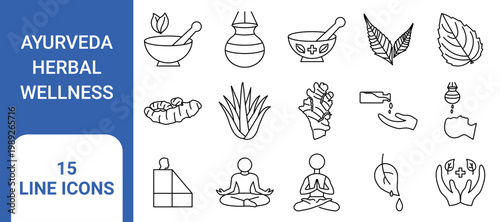 Ayurveda Herbal Wellness Line Icons Set – Natural Healing, Spa Therapy & Organic Medicine Vector
