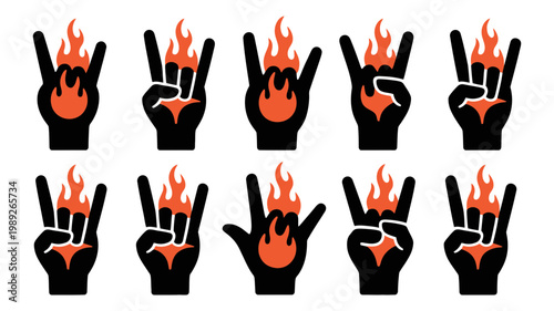 A dynamic set of hand gestures forming the rock and roll sign with fiery flames emanating from them.