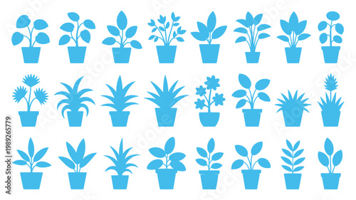 A collection of various blue potted houseplant silhouettes arranged in neat rows