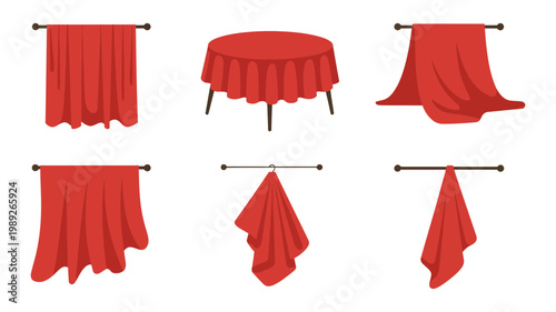 A set of various red cloths and drapes hanging on rods and covering a round table.