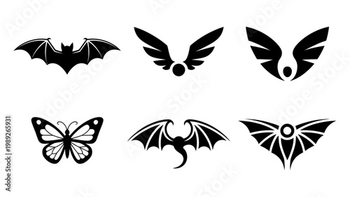 An impressive assortment of black winged silhouettes, including a bat, butterfly, and abstract designs.