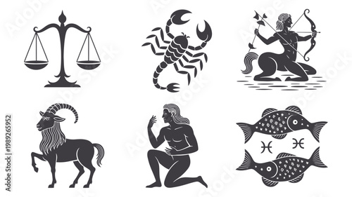 Six stylized black and white zodiac symbols featuring Libra, Scorpio, Sagittarius, Capricorn, Aquarius, and Pisces.