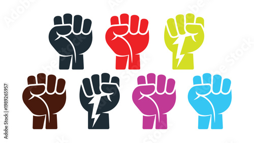 A powerful display of diverse colorful raised fist icons symbolizing strength, protest, and unity.