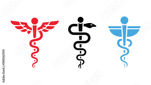 A clear representation of medical caduceus and rod of asclepius symbols in red, black, and blue.