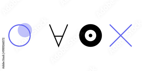 Minimalist abstract logo marks featuring geometric shapes curves and lines in monochrome and lavender tones