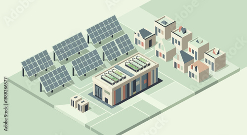 Isometric depiction of a sustainable energy village featuring solar panels and modern housing with a clean power grid