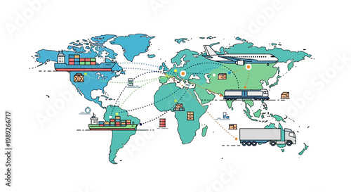Global Logistics Network: Shipping, Air Cargo, Trucking, and Rail Transportation Map